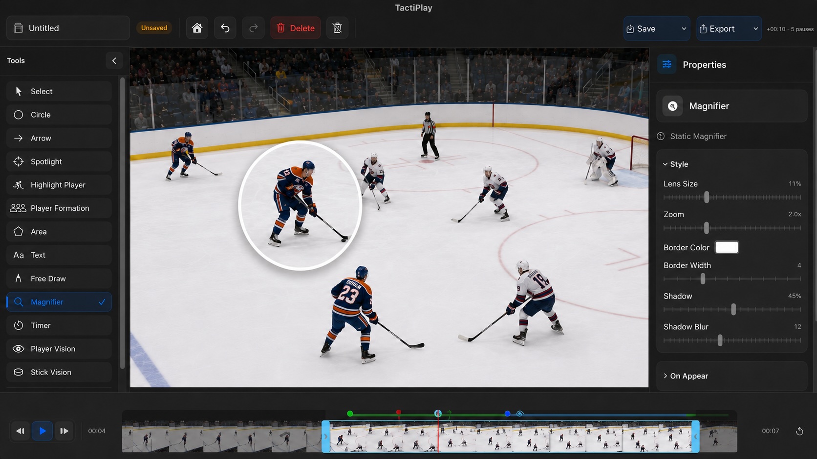TactiPlay magnifier tool focused on a hockey player