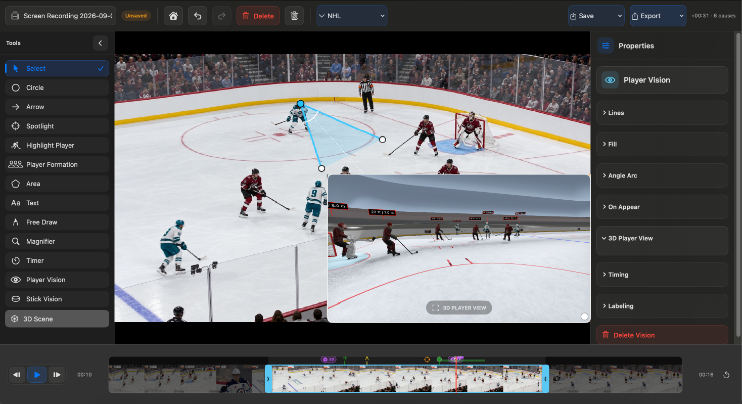 TactiPlay interface showing a highlighted hockey player, tactical arrow, tools, properties, and timeline